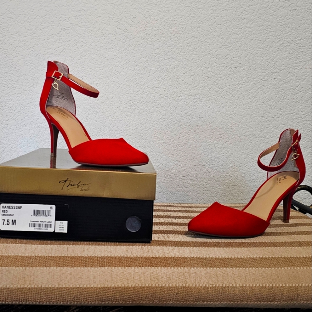 Elegant Red High Heels with Metallic Ankle Strap